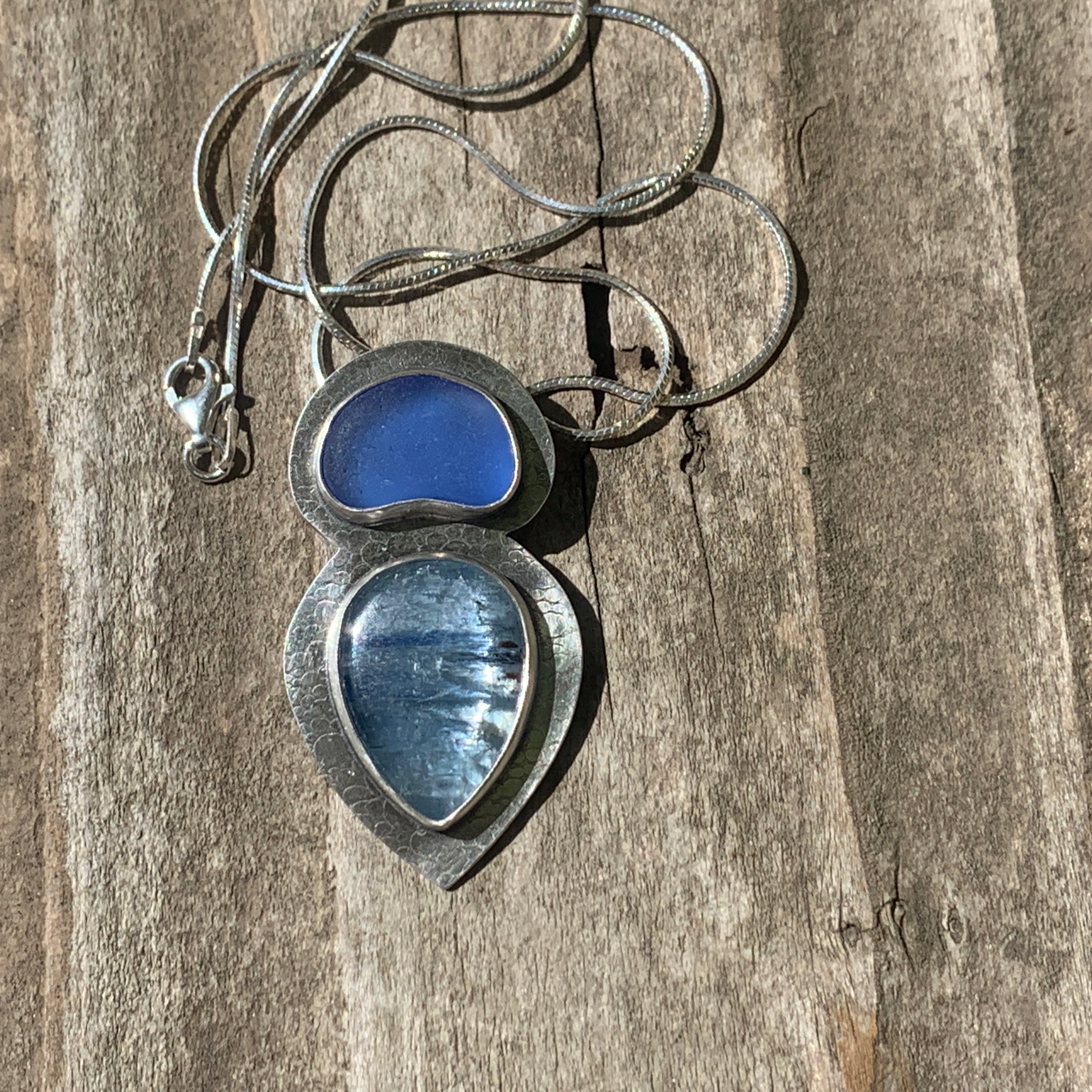 Kayanite and Corn Flower Sea Glass Pendant